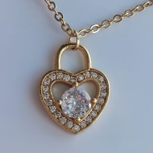 14k Gold Plated Necklace with Cubic Zirconia Heart Lock Pendant